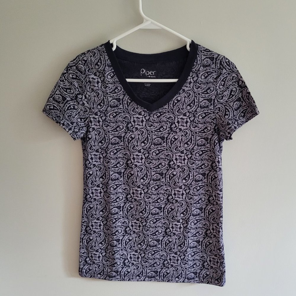 Navy and White Paisley Tee Shirt , Size XS